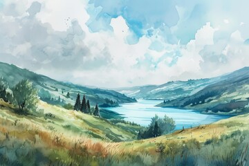 Sticker - A soft watercolor landscape of rolling hills and tranquil lakes, AI generated