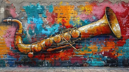 Wall Mural - Saxophone Graffiti on Brick Wall