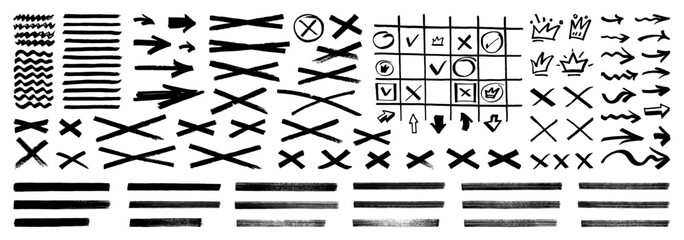 Wall Mural - black chisel point marker lines, arrows, crowns. hand drawn waves, underlines, frames, tick boxes. n
