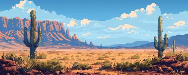 Wall Mural - A pixel art rendition of a tranquil desert landscape with towering cacti, a shimmering mirage in the distance, and a lone cactus skeleton in the foreground.