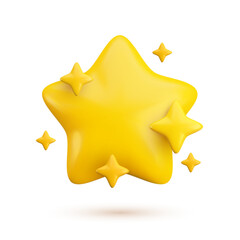 Wall Mural - vector 3d gold star with twinkles on white background with shadow. cute realistic cartoon 3d render 