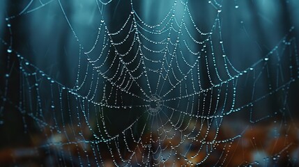 Rain drops on a cobweb in a forest, detailed and sharp, 4K resolution.
