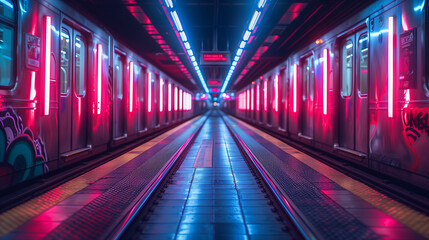 Wall Mural - futuristic subway with neon lights and graffiti art depicting vibrant cityscapes and urban culture