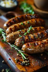 Wall Mural - grilled sausages on a wooden cutting board.