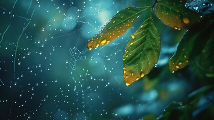 Rain drops on a cobweb in a forest, detailed and sharp, 4K resolution.