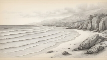 ocean shore with waves, tranquility, serenity, natural landscape, pencil sketch