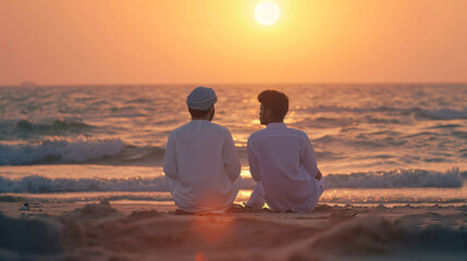 Wall Mural - boy on the beach at sunset