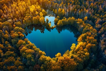 Wall Mural - Aerial view of heart shaped lake in autumn forest.