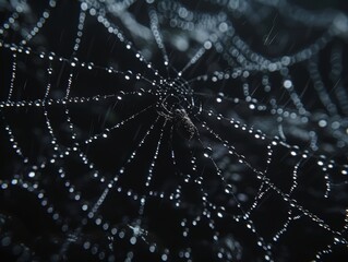 Rain drops on a spider web, intricate details, 4K resolution.