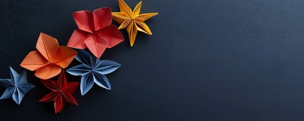 Wall Mural - Paper origami flowers on a black background with lots of empty space Generative Ai