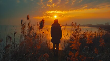 Poster - A person standing in front of a lake at sunset.