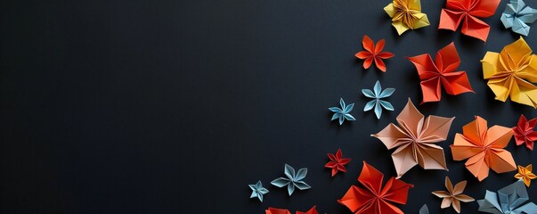 Wall Mural - Paper origami flowers on a black background with lots of empty space Generative Ai