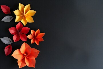 Wall Mural - Paper origami flowers on a black background with lots of empty space Generative Ai