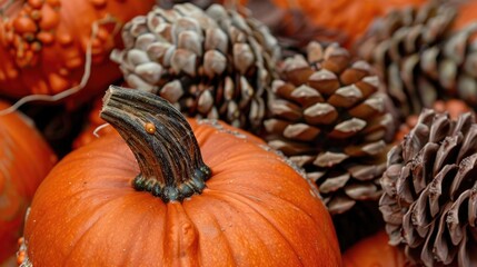 Wall Mural - Close up of pumpkins with pine cones