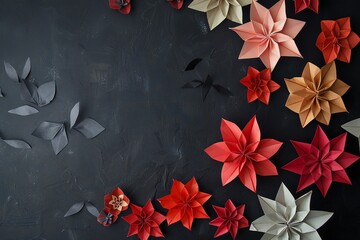 Sticker - Paper origami flowers on a black background with lots of empty space Generative Ai