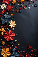 Wall Mural - Paper origami flowers on a black background with lots of empty space Generative Ai