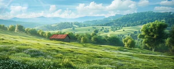 Poster - Idyllic Pasture with Rolling Green Hills, 4K hyperrealistic photo