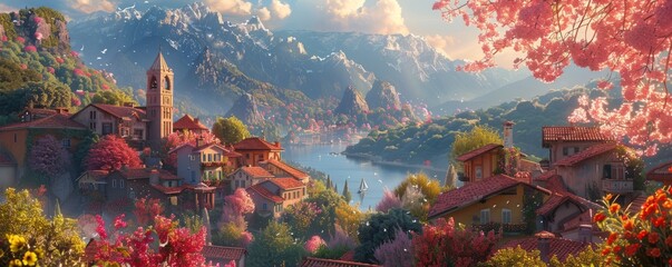 Poster - A tranquil village nestled in a valley, its cottages adorned with colorful flowers.