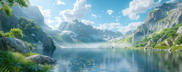 Poster - Serene mountain lake nestled between towering cliffs, 4K hyperrealistic photo