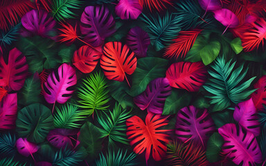 Wall Mural - Creative fluorescent colours layout made of tropical leaves. Flat lay neon colours. Nature concept