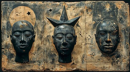 Three Wooden Masks With Star Decorations