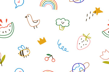 Aufkleber - Cute doodle pattern. Seamless background design, hand-drawn colorful comic art. Childish kids sketches, drawings, texture for fabric, textile, wallpaper, wrapping. Colored flat vector illustration