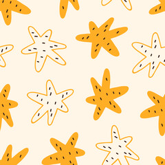 Fototapete - Doodle stars, seamless pattern. Repeating print, endless background design, cute kids texture. Childish art, hand-drawn modern motif for textile, fabric, wallpaper. Colored flat vector illustration
