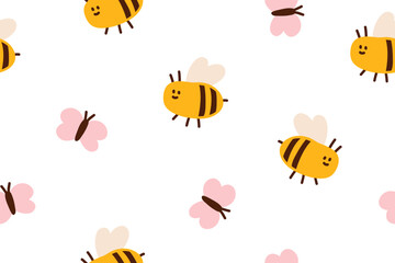 Fototapete - Bee and butterfly, seamless pattern. Endless repeating print with cute insects. Childish design, summer background for fabric, wallpaper and wrapping. Funny flying bumblebees. Flat vector illustration