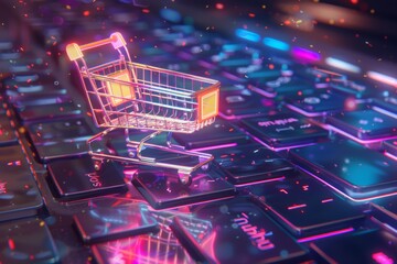 Wall Mural - A neon shopping cart rests on a digital keyboard. It combines elements of high technology with urban aesthetics.