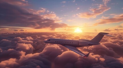 As the sun sets, a luxurious private jet soars above the clouds, producing an amazing sight.