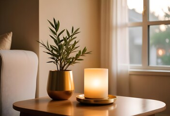 Modern home with a lamp or light on a table and window	
