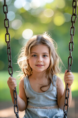 Sticker - A little girl sitting on a swing in a park.