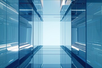 Modern blue glass building interior with futuristic design. Abstract architecture background with symmetrical lines and geometric shapes, perfect for corporate, business, or technology concepts.