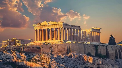 Iconic Athenian Acropolis at sunset, featuring the majestic Parthenon atop its hill.