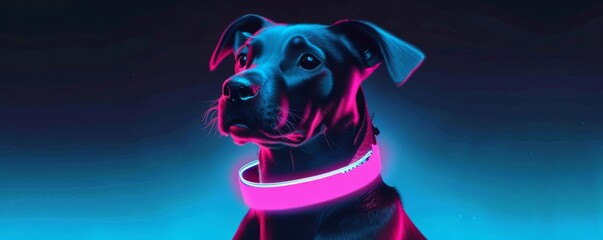 Black dog illuminated in vibrant neon lights, with a futuristic and glowing collar in a dark background.