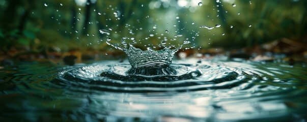 Sticker - A photorealistic image of a single raindrop splashing into a puddle, creating a ripple effect that spreads outward, capturing the beauty of nature's smallest moments.