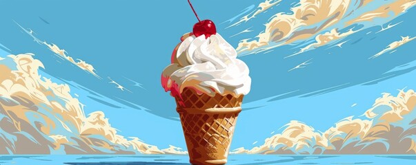 A pixel art rendition of a scoop of ice cream in a waffle cone, topped with a swirl of whipped cream and a cherry.