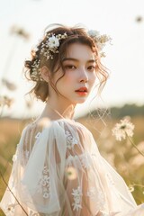 Wall Mural - Pretty young woman super model of Korean in a bohemian wedding outfit, with flowing fabrics and flower crown, standing in a field with soft sunlight, with an ethereal aura, no crop head. photo on