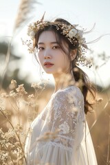 Wall Mural - Pretty young woman super model of Korean in a bohemian wedding outfit, with flowing fabrics and flower crown, standing in a field with soft sunlight, with an ethereal aura, no crop head. 