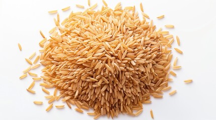 Poster - A pile of brown rice sitting on a white surface, ideal for use in still life photography or as a prop in food or interior design images