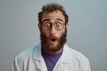 Wall Mural - A surprised bearded man wearing glasses and a white lab coat stands against a plain background, conveying a sense of shock or discovery