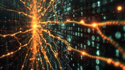 Wall Mural - artificial intelligence concept with neural network representation and binary code background, highl