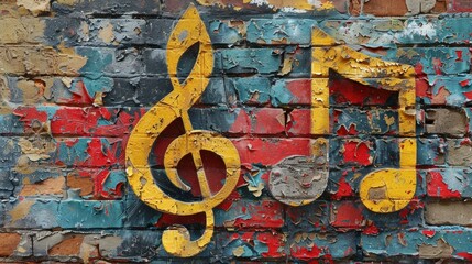 Wall Mural - Music Note Graffiti on Weathered Brick Wall