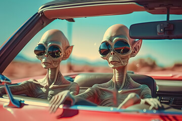 Wall Mural - two aliens with sunglasses in the convertible red car. 