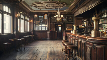 Canvas Print - interior of empty old public house. brass. wood.