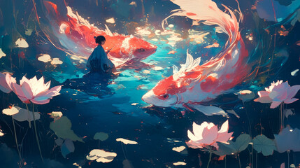 Wall Mural - beautiful koi on pool with lotus vector art