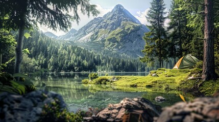 Wall Mural - An image of a mountain in a forest appears in a magazine. Beside a lake is a verdant meadow with a camper. Like a three-dimensional image. The two main concepts are camping and travel.