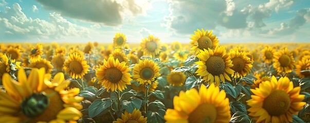 Wall Mural - Vibrant field of sunflowers stretching towards the sky, 4K hyperrealistic photo