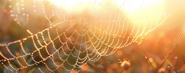 Sticker - A photorealistic image of a spider's web glistening with morning dew, each strand reflecting the delicate droplets of water.