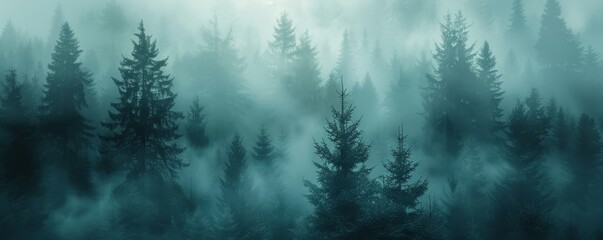 Wall Mural - Mystical forest shrouded in fog, 4K hyperrealistic photo